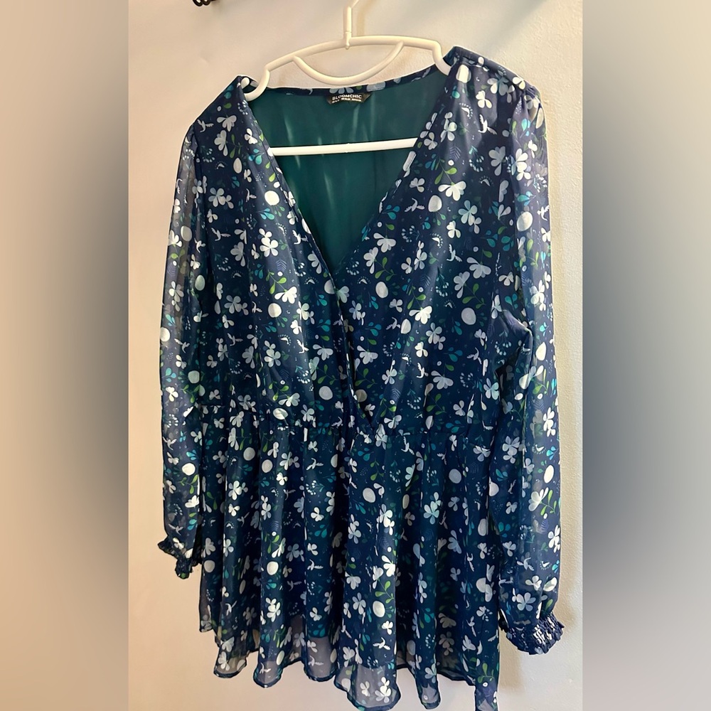 Floral Wrap Elastic Waist Mesh Patchwork Blouse